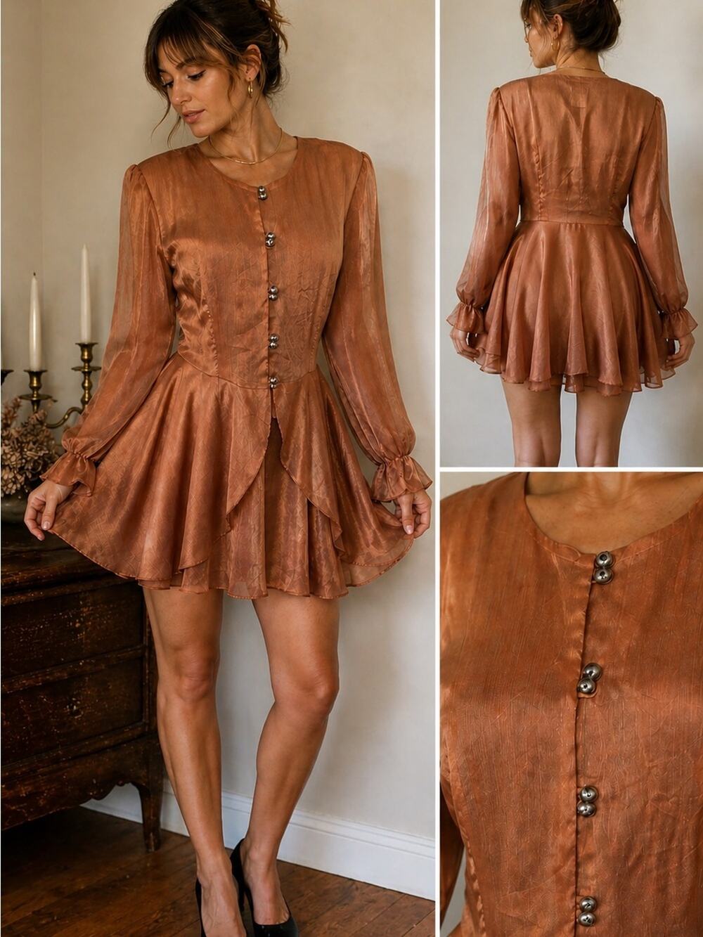 Vtg 80s 90s Copper Rayon Sheer Dress Romantic Peplum Flutter Hem Made USA Large